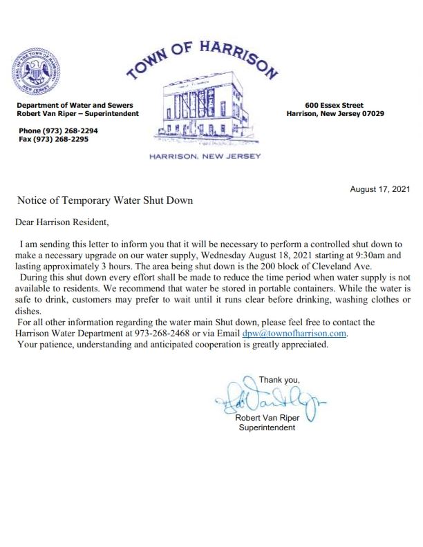 Temporary Water Shut Down - Cleveland Ave 200 Block