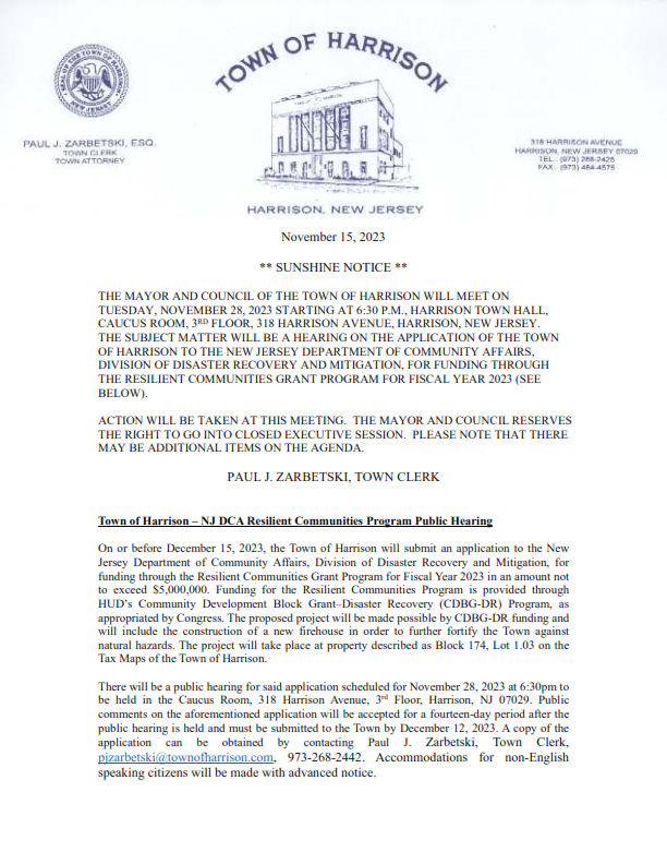 SUNSHINE NOTICE AND NJ DCA RESILIENT COMMUNITIES PROGRAM PUBLIC HEARING
