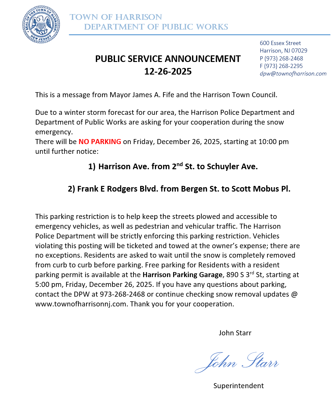 Harrison DPW PSA No Parking Snow 12262025